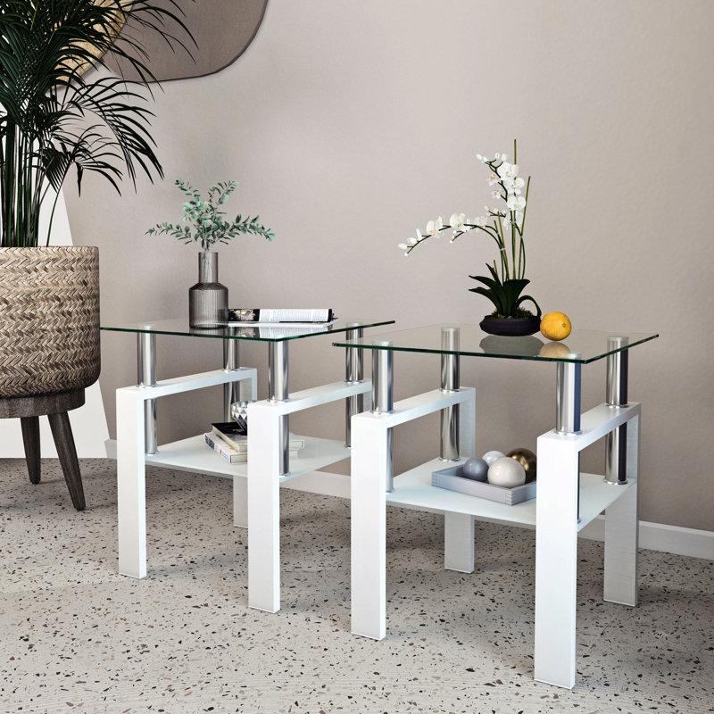 Table basse en verre, table basse, table de bout pour salon, Clair, Blanc