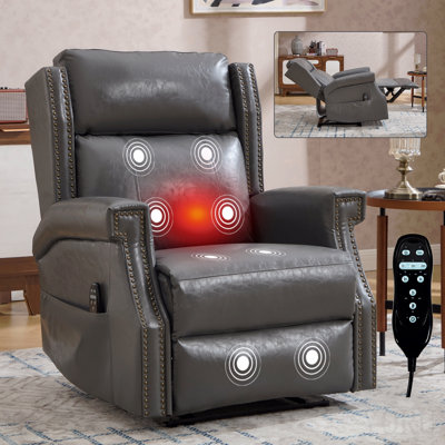 Grey Manual Recliner Chair In Faux Leather For Living Room With Heavy Duty Motion Mechanism, 8 Vibrating Nodes And 3 Massage Modes.