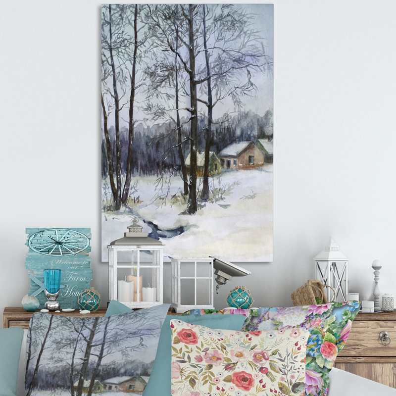 Cottage in Winter Landscape Scenery - Traditional, reproduction d'art sur toile