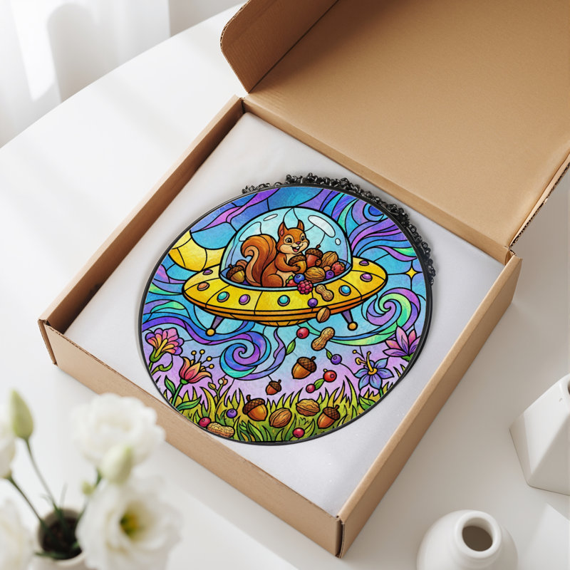7.8"H Squirrel Ufo Stained Glass Window Panel, 7.8" H x 7.8" W