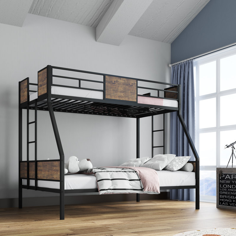 JUJABU Twin Over Full Metal Bunk Bed with Safety Guardrail, 2 Ladders, No Box Spring Needed