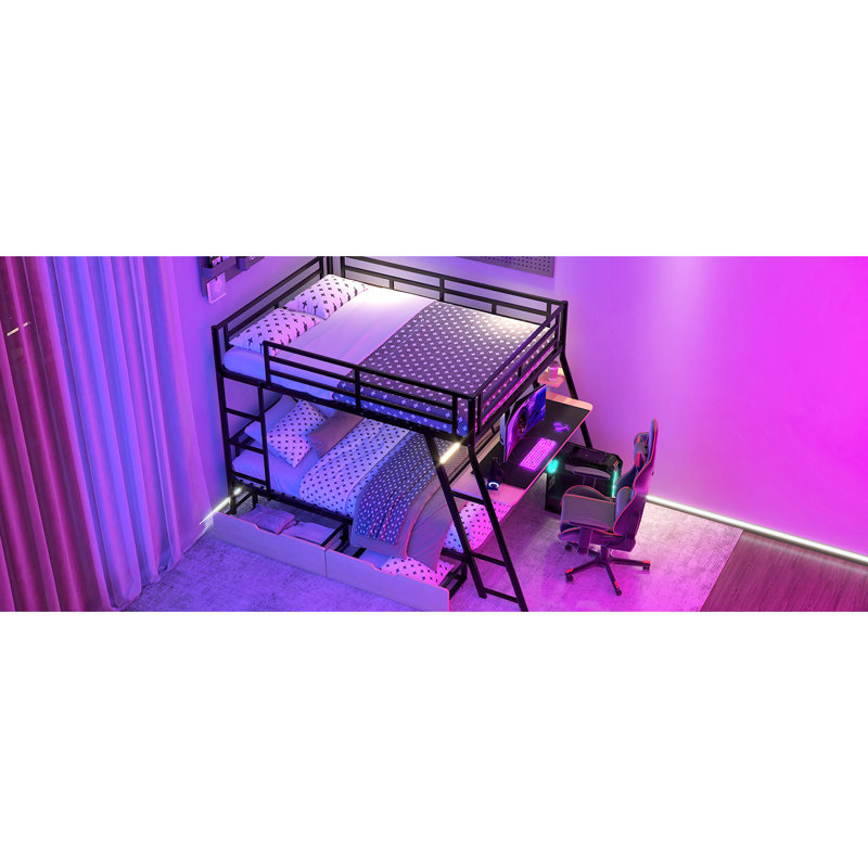 Lit superposé en métal pleine grandeur avec bureau et 2 tiroirs tendance - chambre noire