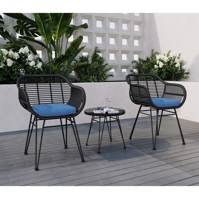 Buschi Round Wicker Rattan Patio Waterproof Seating Set with Cushions and Table, Blue, Black