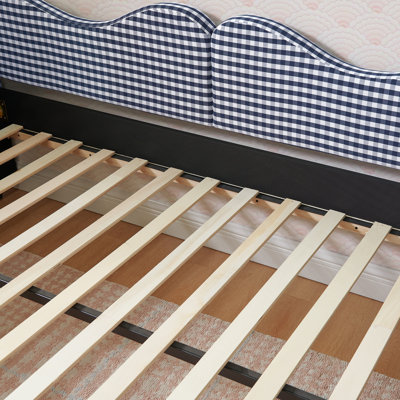 Full‑Size Daybed,Gingham Upholstered Daybed Equipped with Pull-Out Trundle Bed Frame & Side Storage Pocket, Solid Wood Frame Multi-Functional Sofa Bed for Kids Room & Guest Bedroom-Blue