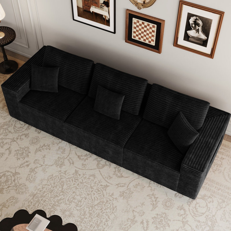 Canapé modulaire à 3 places avec velours côtelé 106,30 * 35,43 po noir, sans assemblage, convient aux espaces de chambre à coucher et d'appartements