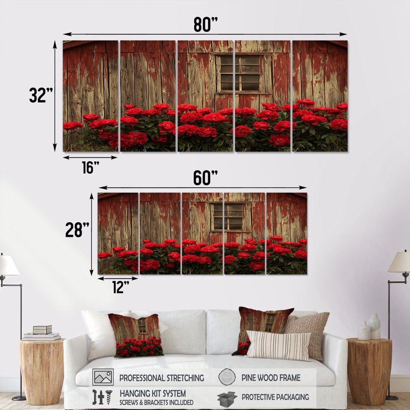 «Dark Roses Flowers At the arn I» - ensemble de décorations murales modernes, H 28 po x l 60 po, 5