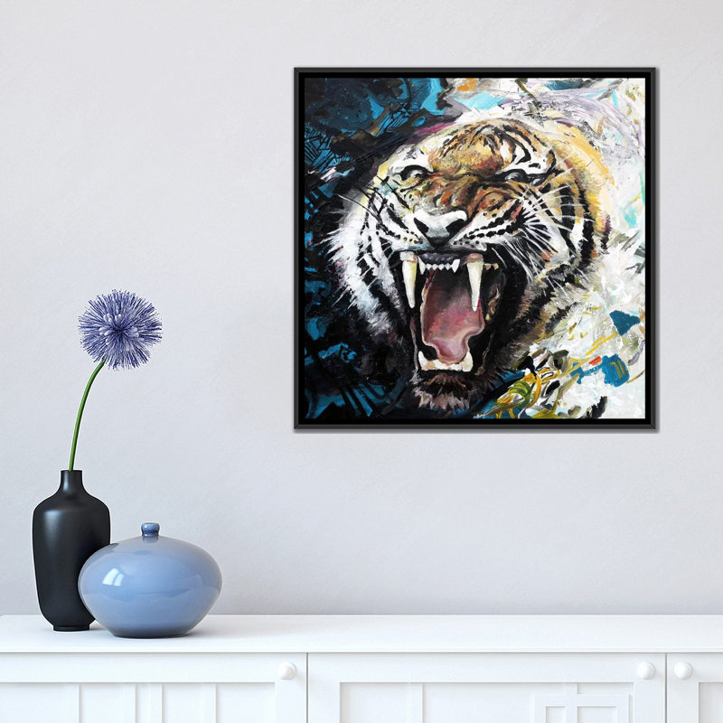 « tiger roar », impression sur toile, H 18 po x l 18 po x P 1,5 po, Toile avec cadre flottant noir, Pas de tapis