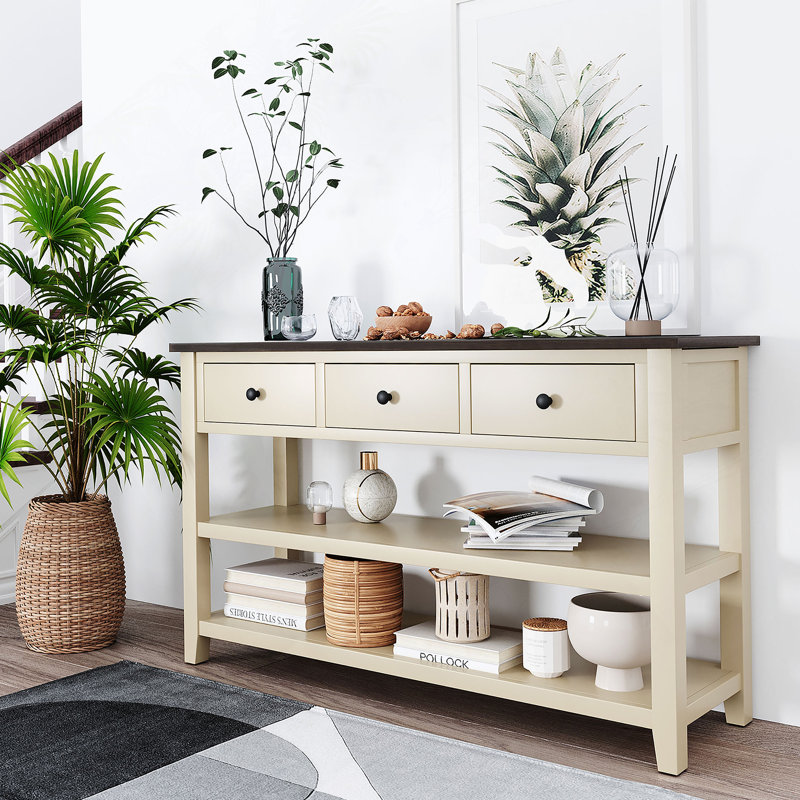 Console rétro avec deux tablettes ouvertes, structure en bois de pin massif et pieds pour le salon (espresso et beige), Beige