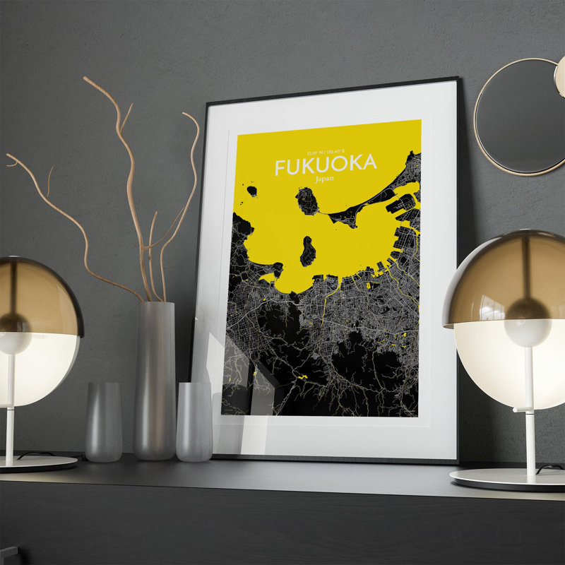 Fukuoka, carte de la ville, impression rétro, H 17 po x l 11 po, Noir / Jaune
