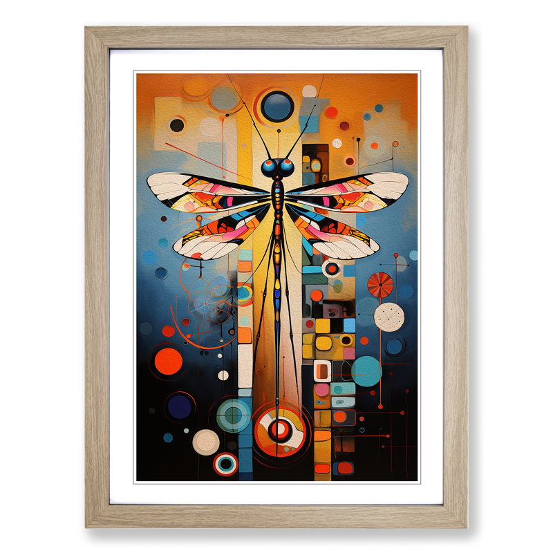 Dragonfly Dadaism - Single Picture Frame Print on Wood, Oak Framed, 46cm H x 34cm W