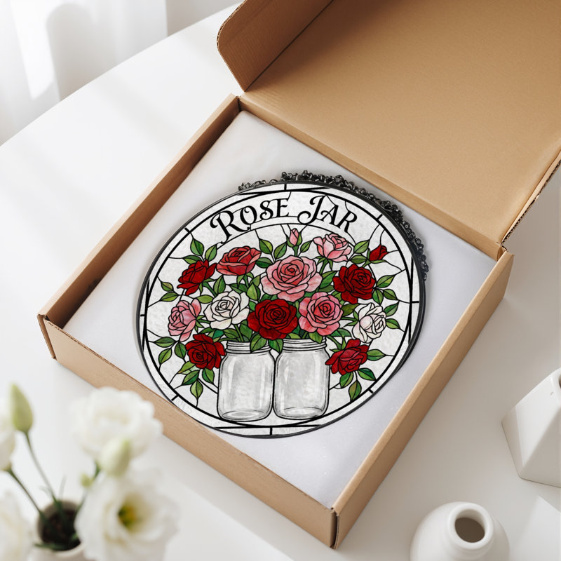 7.8"H Rose Jar Stained Glass Window Panel