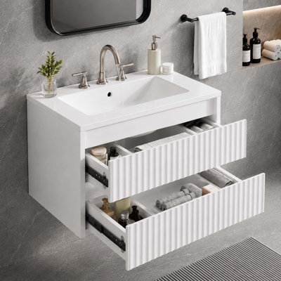 Meuble-lavabo mural moderne cannelé de 61 cm (24 po), 2 tiroirs, lavabo en céramique blanche, revêtement en PVC imperméable