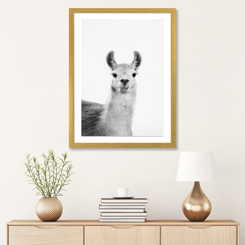 «Happy Lama» par Sissi & Seb - reproduction de photo, Papier encadré doré, H 32 po x l 24 po x P 1 po, Blanc