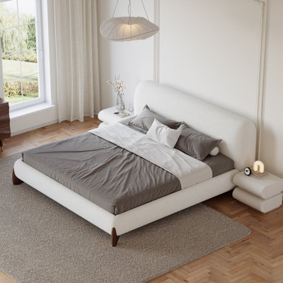Modern Queen Bouclé Platform White Bed Frame with Upholstered Headboard No Box Spring Needed