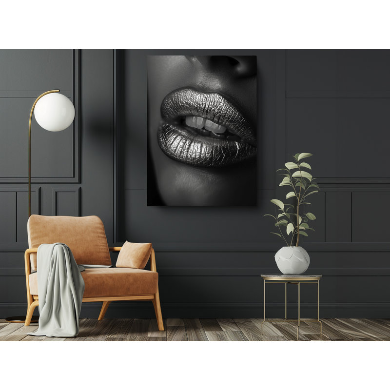 Belles lèvres argentées sur toile imprimée noire, décoration murale moderne pour la maison et le bureau, H 24 po x l 16 po