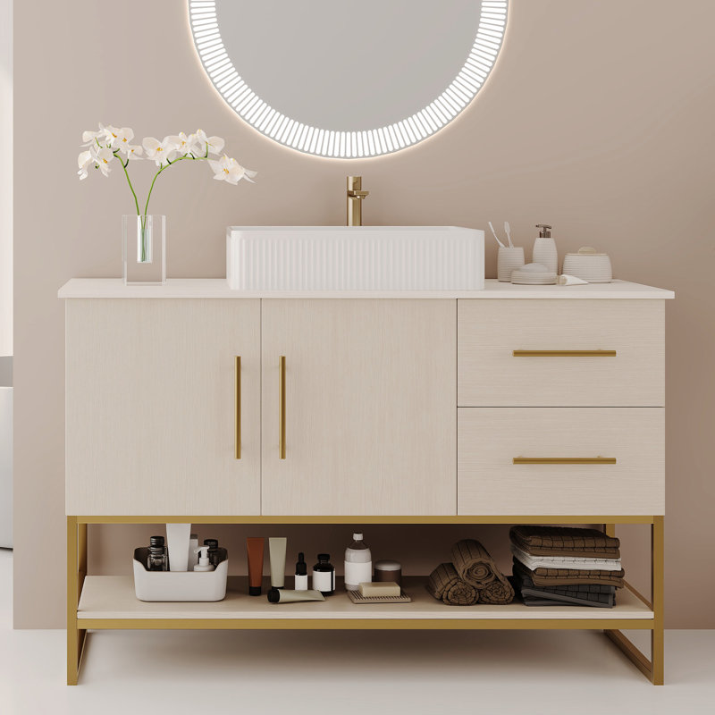 47.2" Modern Vanity With Gold Accent, Ceramic Vessel Sink, Water- Countertop, Smart Storage Design Bathroom Multi-Layer Wood Board, Ample For Personal Care Items