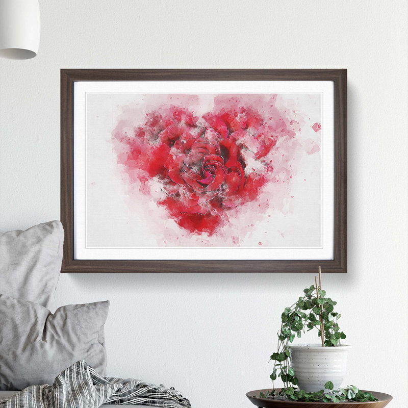 Red Rose Heart in Abstract - Picture Frame Painting Print, 48cm H x 65cm W x 2cm D, Walnut Framed