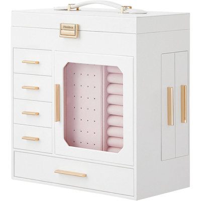 Boîte à bijoux avec miroir, étui de rangement pour bijoux à main avec plusieurs tiroirs, porte-bijoux doublé de velours pour colliers, boucles d'oreilles, boîte à bijoux blanche élégante