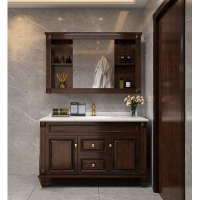 Meuble-lavabo en bois d'hévéa de style américain avec comptoir en marbre et lavabo en céramique intégré American Country