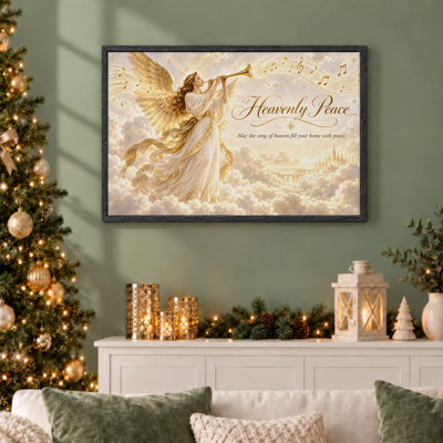 Ange jouant de la trompette dans des nuages dorés et des étoiles, art mural sur toile de Noël