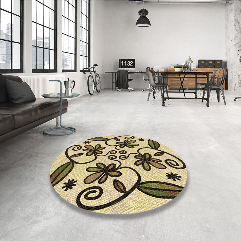 Tapis brun en laine florale, Rond 3 pi
