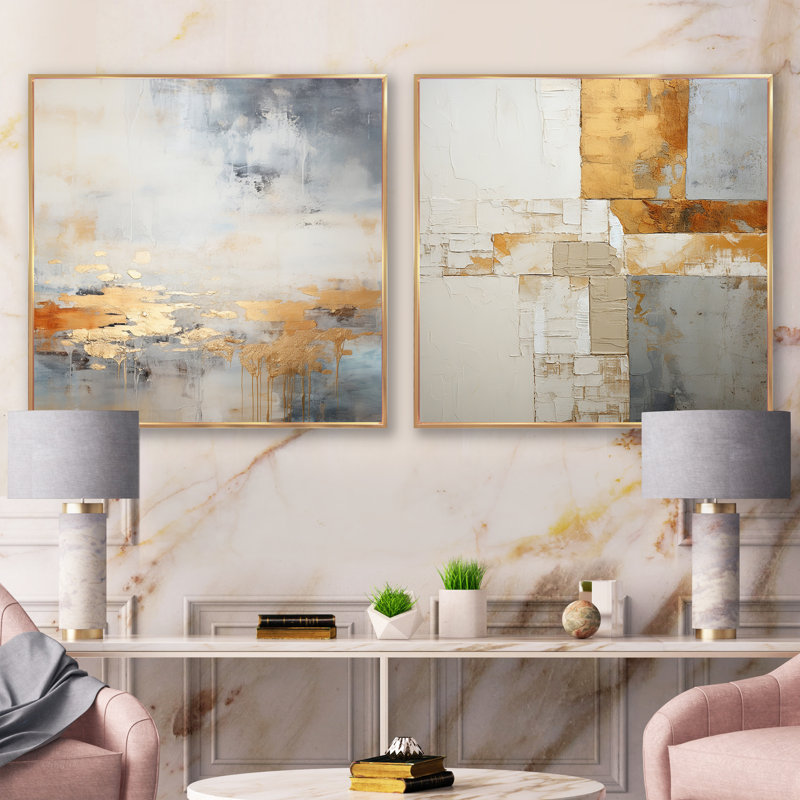 Minimalisme beige et doré vague horizon I - collages abstraits carrés, ensemble de 2 collages, Cadre flottant doré
