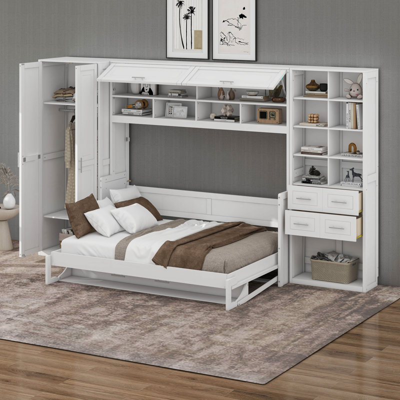  Lit escamotable Murphy avec placard, tiroirs et tablettes, Blanc, Grand