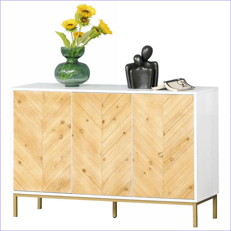 Buffet Buffet, 3 portes en bois naturel avec motif à chevrons, tablettes réglables | Panneau de fibres à densité moyenne et pieds en acier