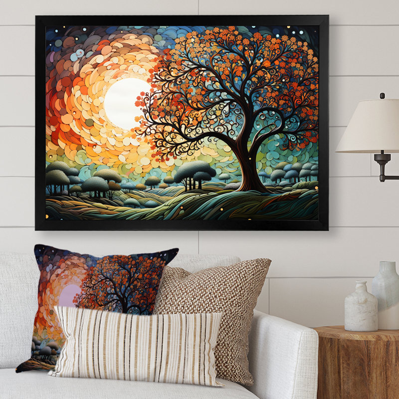 " Colorful Moonlight Oak Tree Expression I ", 30" H x 40" W x 1.5" D, Black Single Picture Framed