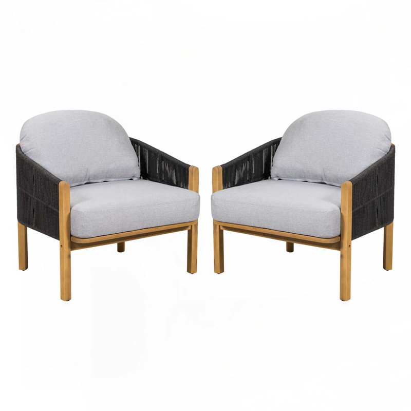 Fauteuil club d'extérieur en bois d'acacia, Coussin gris / cadre noir