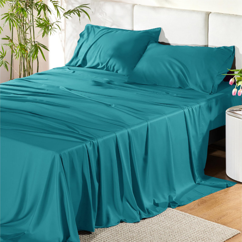 Ensemble de draps en rayonne de bambou Essential Collection, Turquoise, Ensemble de draps pour lit double avec 2 taies d'o