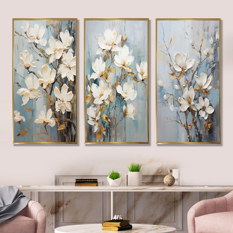Ensemble de 3 décorations murales Magnolias, Cadre flottant doré, H 40 po x l 60 po