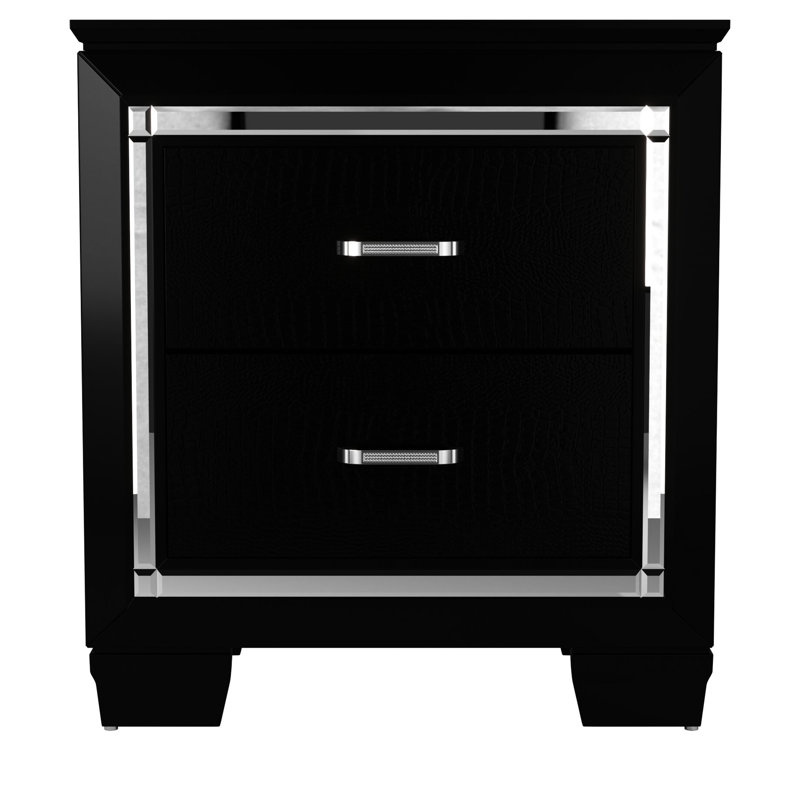 Table de chevet glamour en noir avec 2 tiroirs et ornements en faux alligator pour une chambre à coucher élégante, Noir