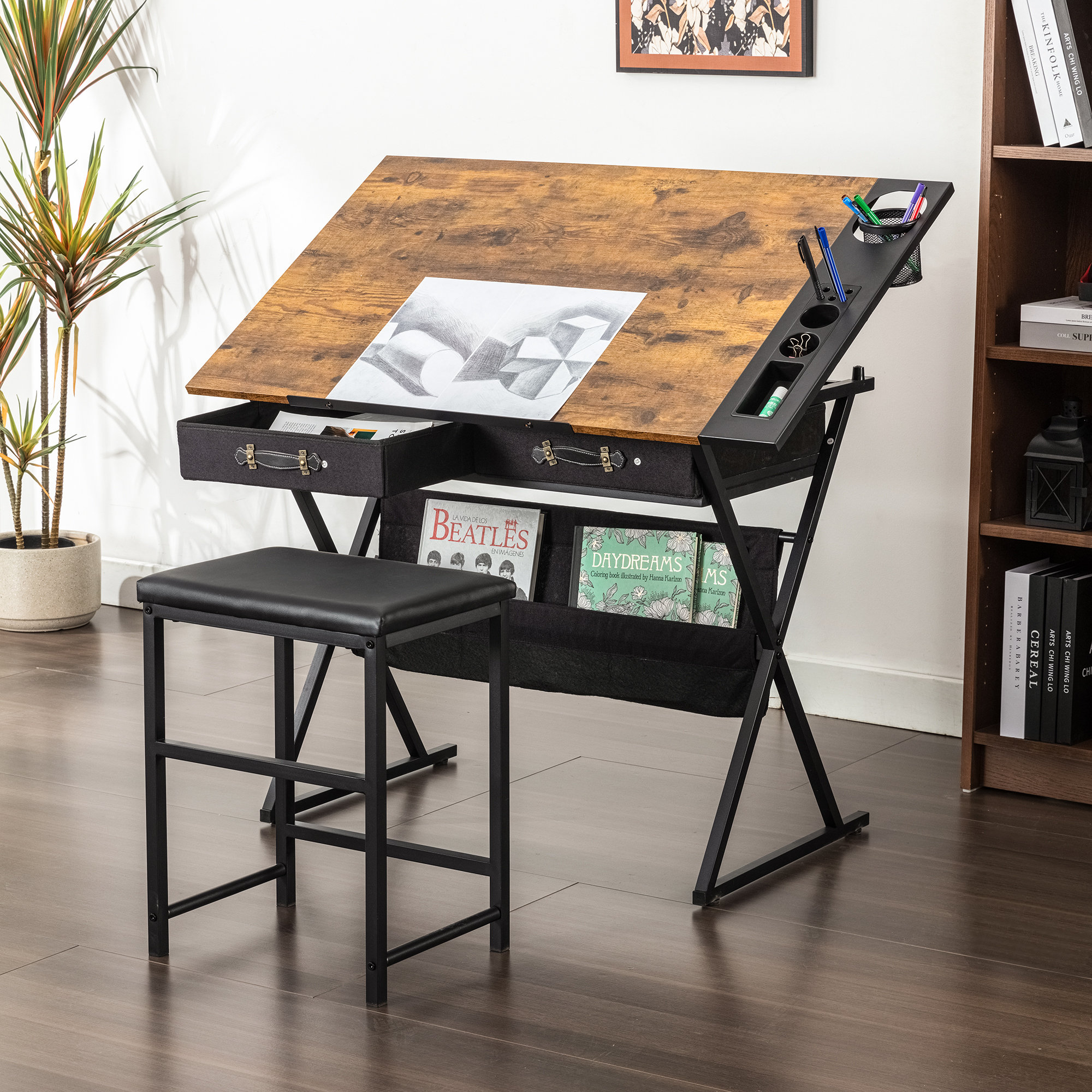 17 Stories Yumisani Drawing Desk with Stool | Wayfair