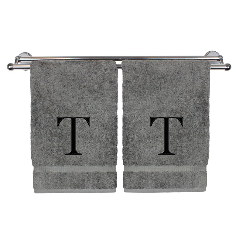 Essuie-mains monogrammés - ensemble de 2 - lettre bloc, T, Gris/noir