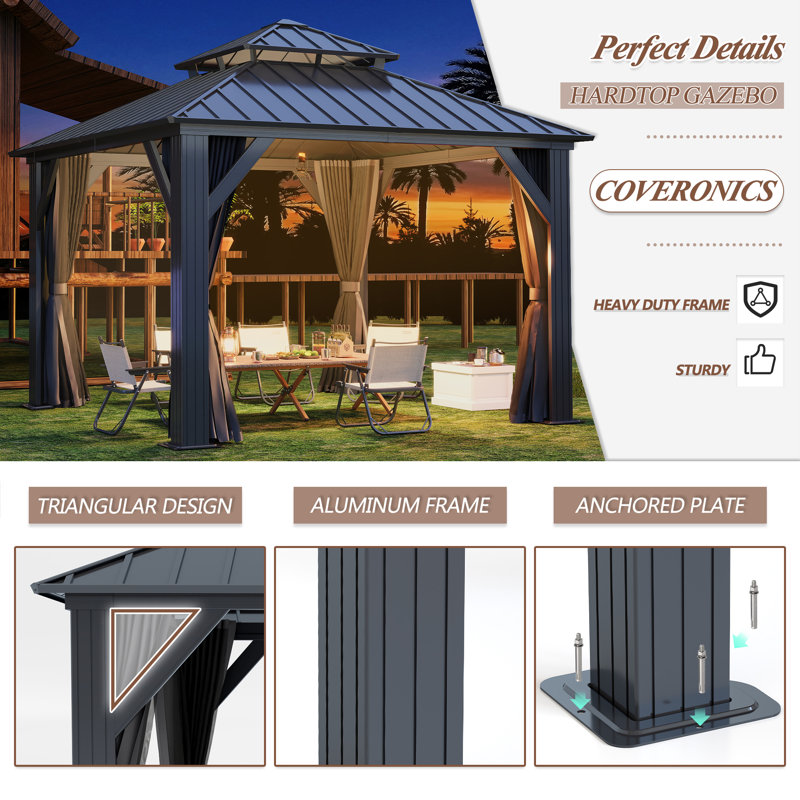 Aluminum Patio Gazebo - Galvanized Steel Hardtop Gazebo with Curtains & Netting, 10 ft. W x 10 ft. D