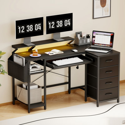 L-shaped Computer Desk With 4 Cloth Drawers, Keyboard Tray & Led Lighting