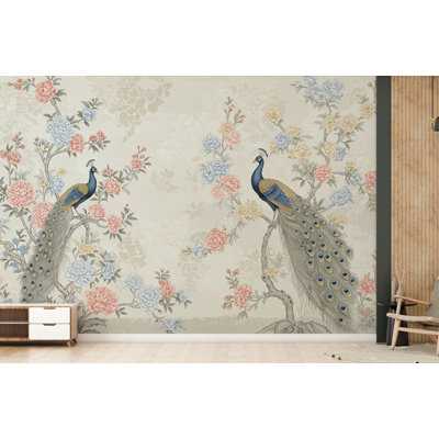 Chinoiserie Cherry Blossom Wall Mural – Pastel Peacocks & Exotic Birds With Antique Gold | Luxury Silk-Textured Wallpaper Wall Mural 771RS (Non-Woven)