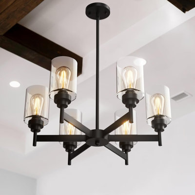 Lustres 6 lumières pour la salle à manger, lustres de cuisine industrielle rustique avec cylindres en verre transparent, hauteur réglable, lustre de salle à manger sur table pour la cuisine, le salon, l'escalier