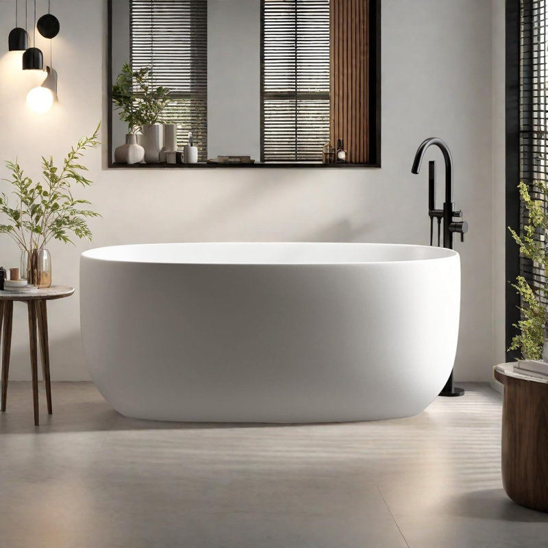47"Freestanding Solid Surface Tub, Modern Oval Resin Stone Soaking Tubs with Built-in Overflow and Pop-up Drain
