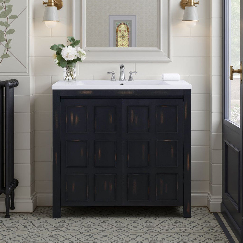 36" Rustic Bathroom Vanity – Distressed Finish, Ceramic Sink, Soft-Close?, Black