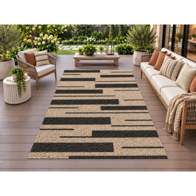 Tapis d'extérieur 5' x 7' à rayures noires, épais, solide, imperméable, en PVC bouclé, tapis de patio robuste, tapis intérieur/extérieur à séchage rapide pour porche, terrasse, balcon, entrée, camping-car.