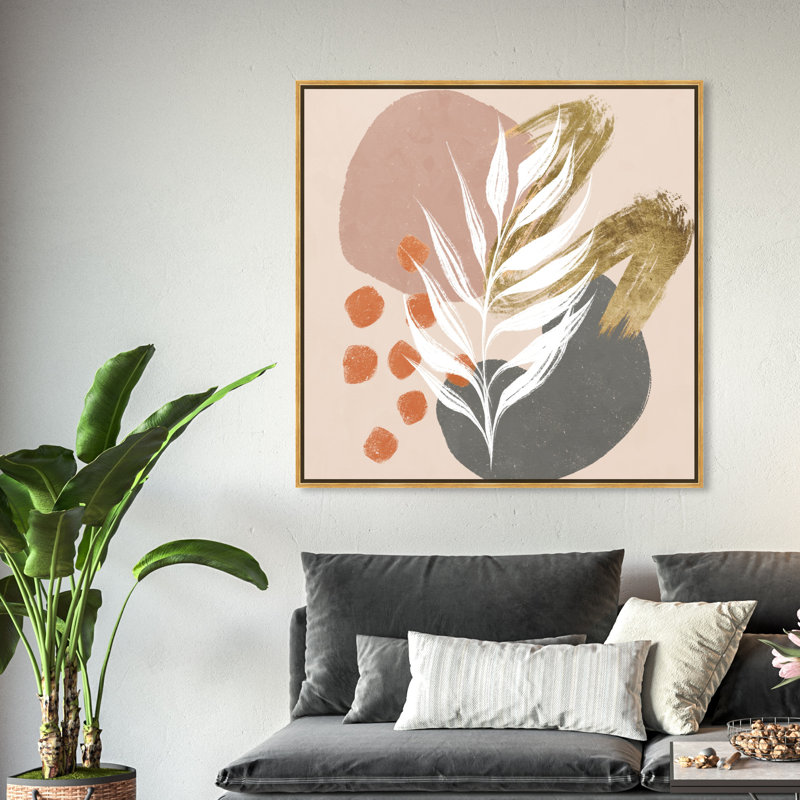 Circles And Brush Strokes Botanical Painting Painting, 40" H x 40" W, Gold Floater Framed