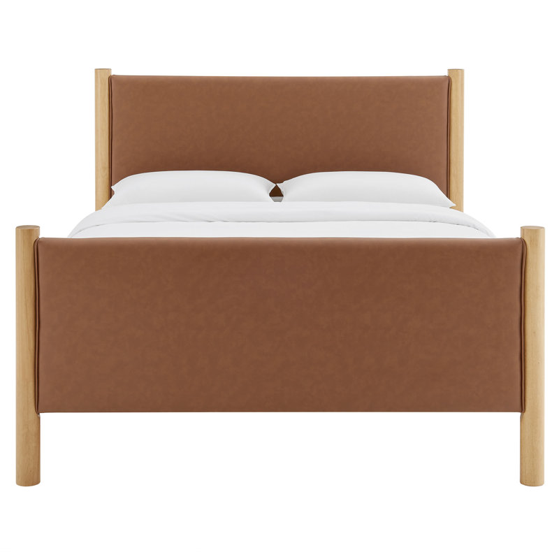 Lit plateforme tapissier en cuir Maven, Bois massif et bois manufacturé, Tanoak, Grand