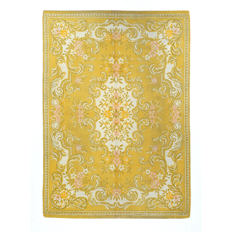 Tapis jaune en laine noué à la main de conception unique 4 pi 7 po x 6 pi 6 po