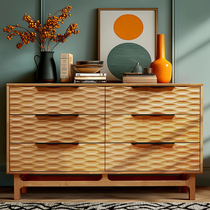 Commode 6 tiroirs en bois massif avec façades ondulées à commande numérique, large commode de rangement Mid-Century moderne, finition chêne