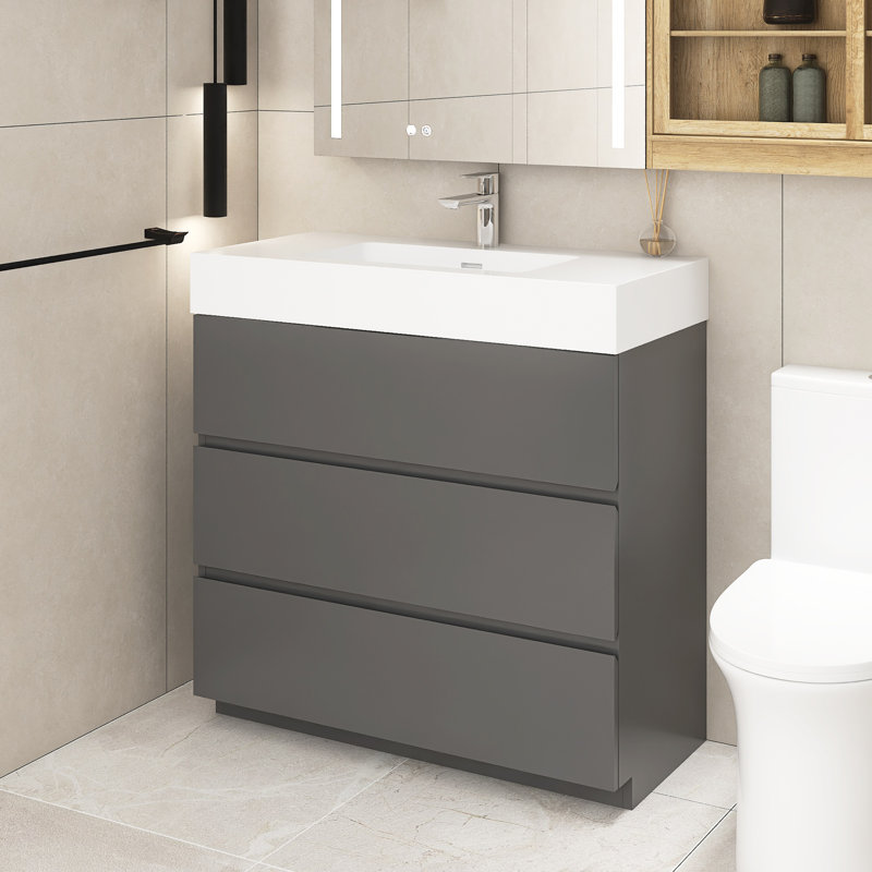 Rahoul 35.8'' Single Bathroom Vanity with Solid Surface Top, Gray, White