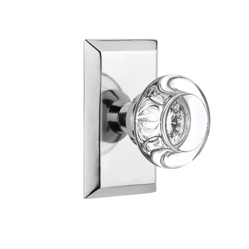 Plaque Studio avec poignée de porte ronde en cristal transparent, Chrome brillant, 2 3/8 po
