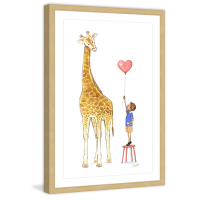 «Giraffe And Boy» par Phyllis Harris, reproduction d'art encadrée