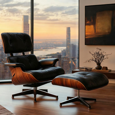 Classic Genuine Leather Swivel Lounge Chair with Ottoman for Modern Home, Solid Wood Accent Chair